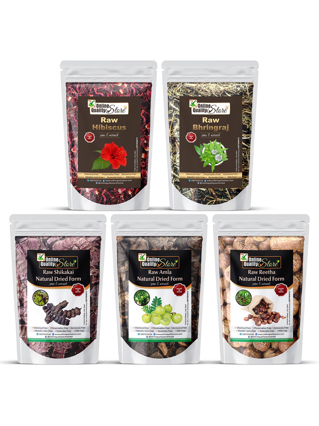 

Online Quality Store Set Of 5 Amla Reetha Shikakai Bhringraj Hibiscus Hair Mask 200g Each, Multi