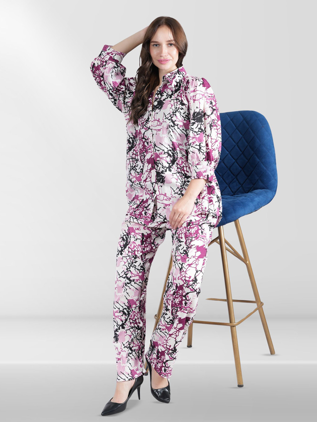 

Belfry Printed Shirt Collar High Low Shirt With Trousers Co-Ords, Pink