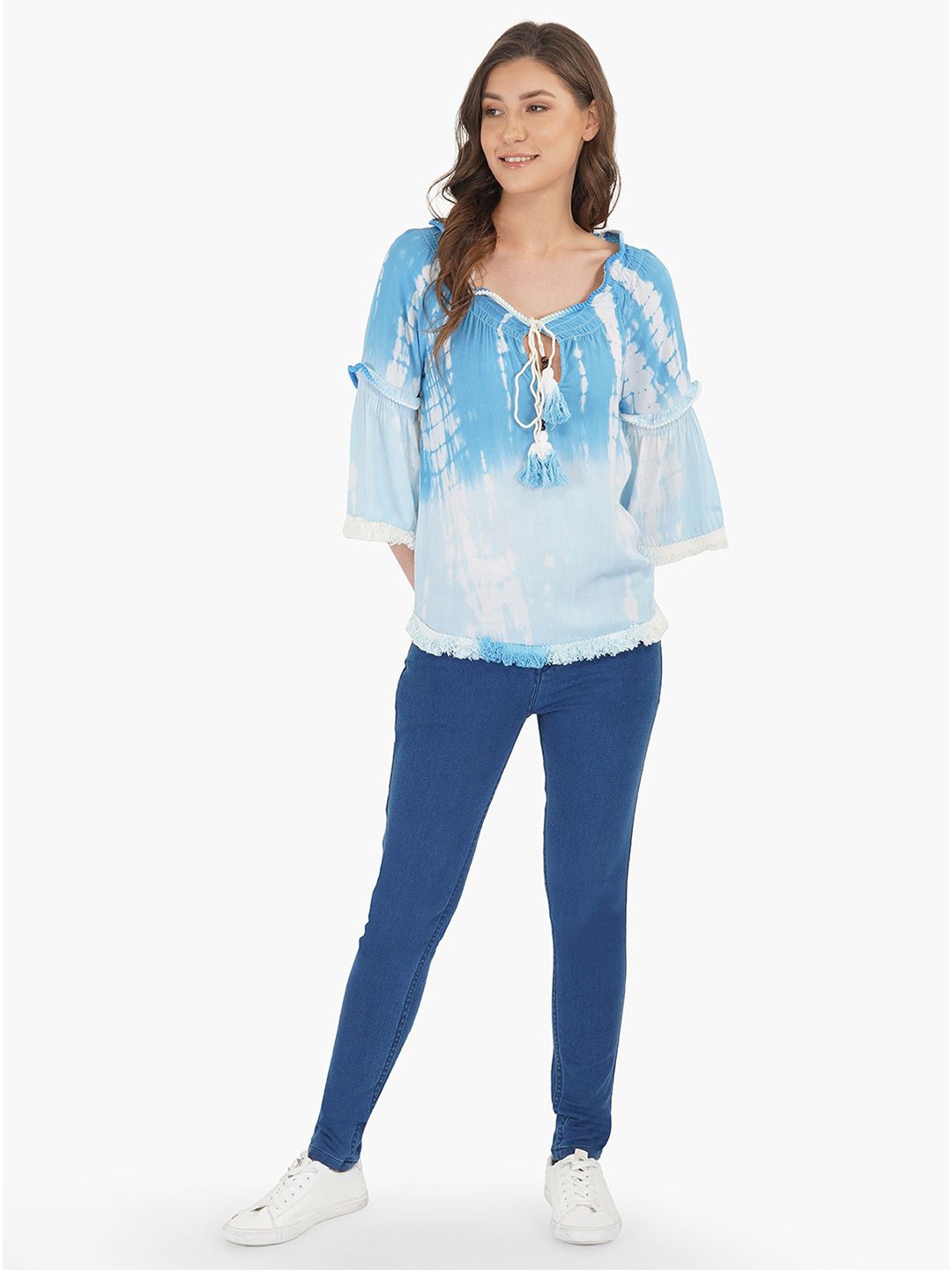 

SZN Colourblocked Halter Neck Bell Sleeve Cotton Top, Multi
