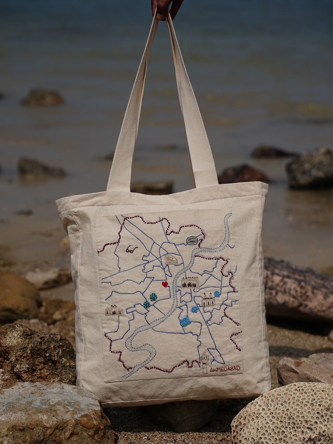 

OKHAI Printed Oversized Shopper Tote Bag with Cut Work, Off white