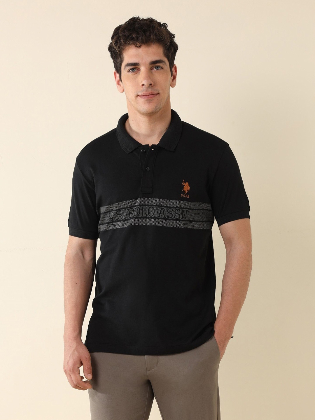 

U.S. Polo Assn. Men Brand Logo Printed Polo Collar Slim Fit T-shirt, Black