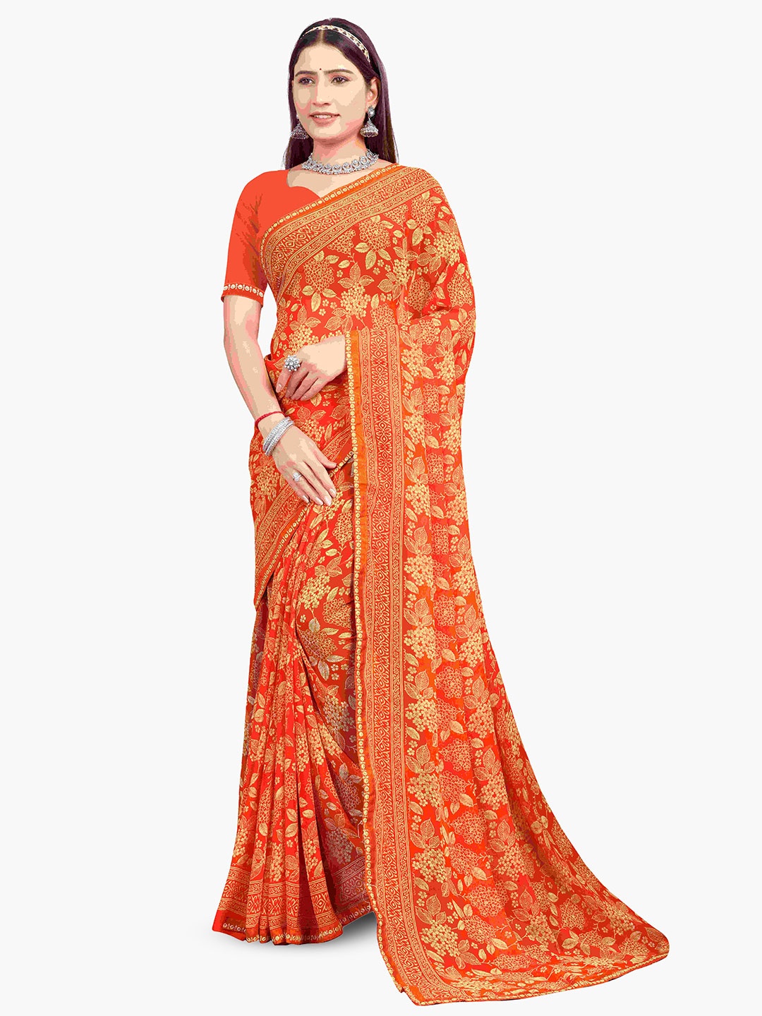 

shree krishna fashion Floral Zari Art Silk Saree, Orange