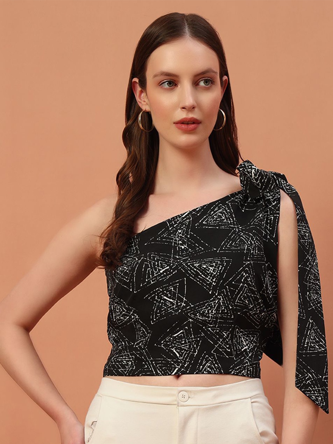 

Rudraaksha Creations Floral Print One Shoulder Crepe Crop Top, Black