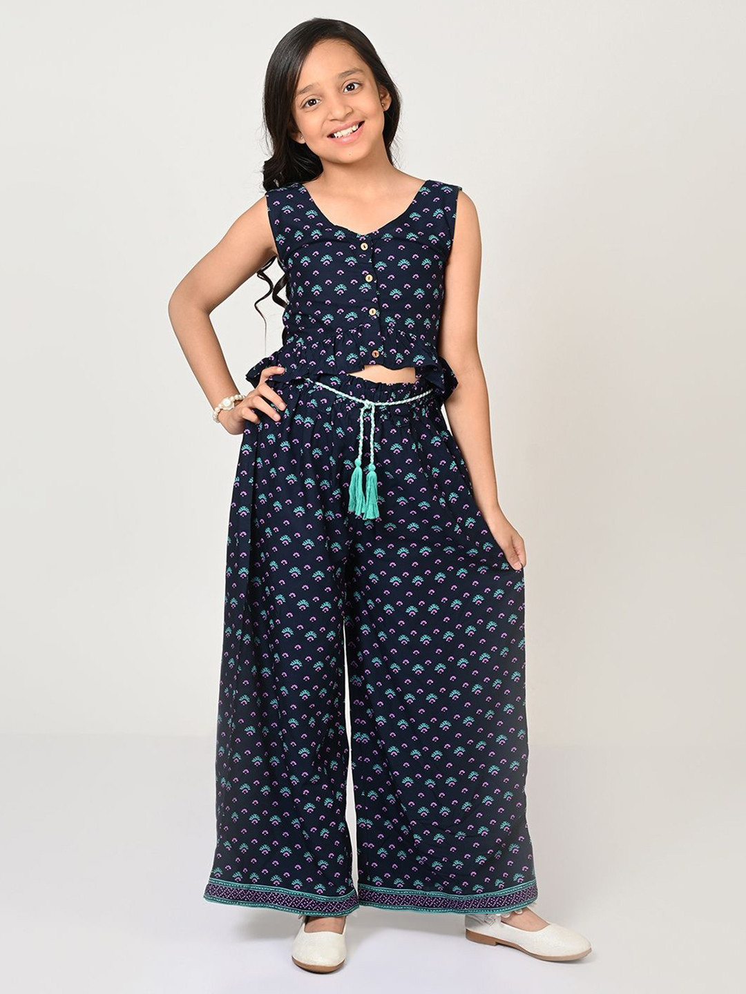

LIL DRAMA Girls Printed Top with Palazzos, Navy blue