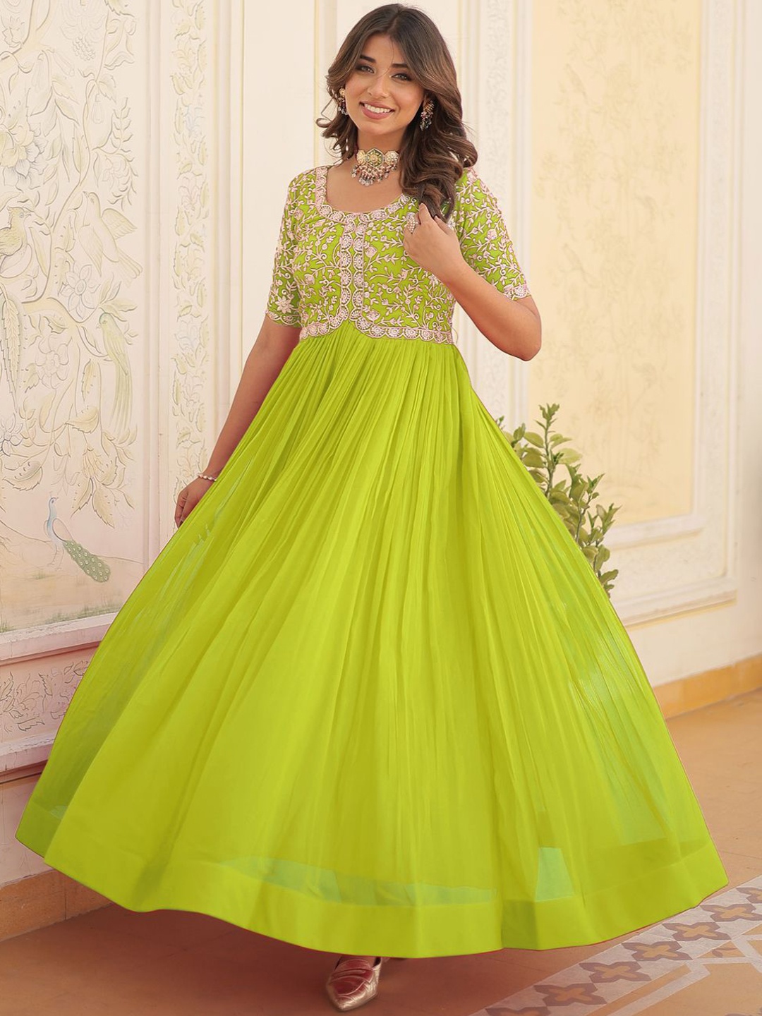 

Anara Women Embroidered Georgette Anarkali Kurta, Lime green