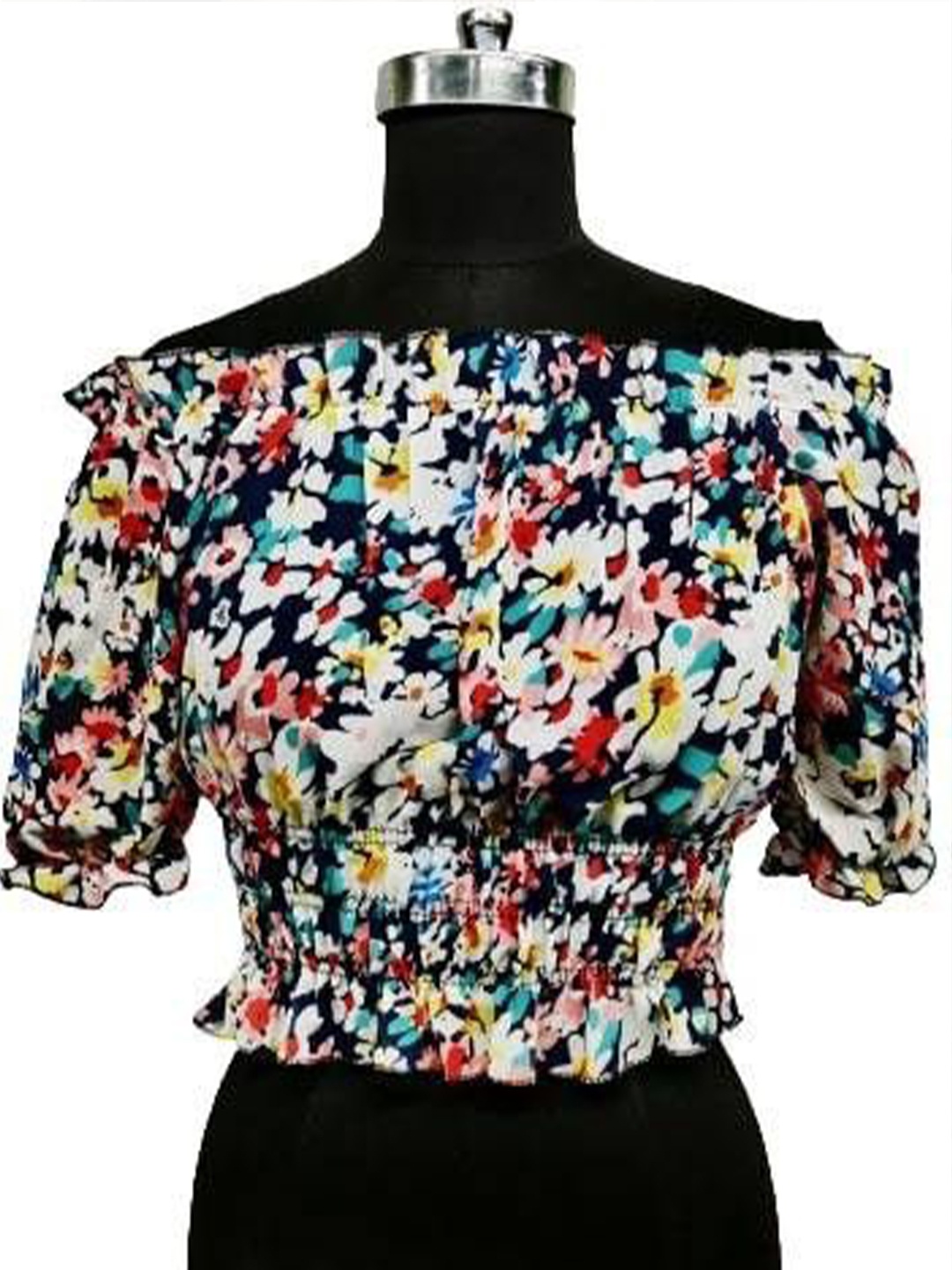

NiloBerry Floral Print Off-Shoulder Crepe Blouson Crop Top, Multi