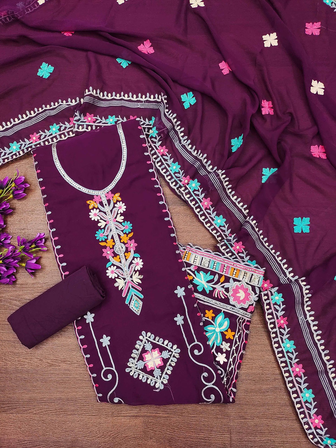

SHADOW & SAINING Embroidered Silk Georgette Unstitched Dress Material, Purple