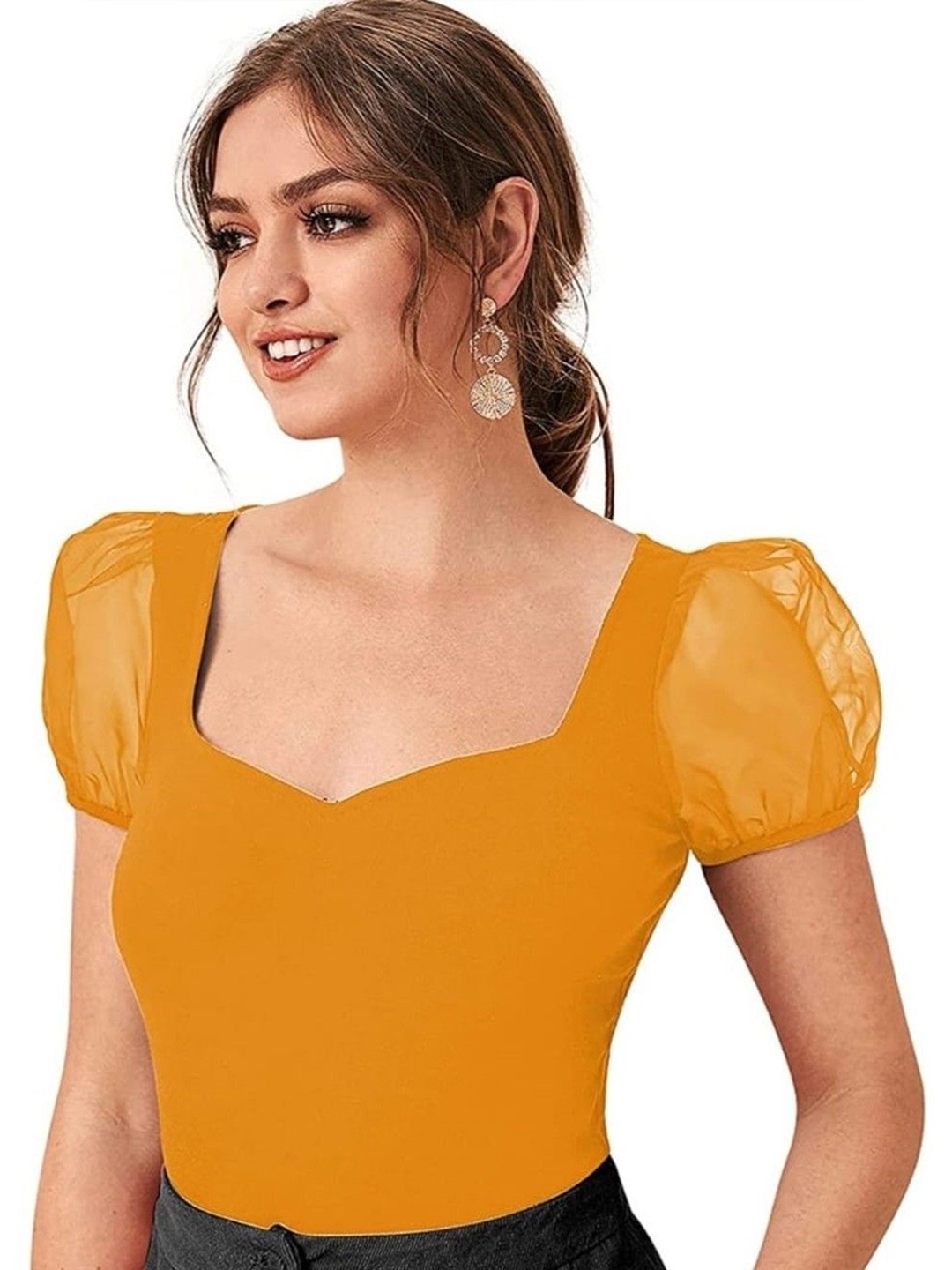 

NiloBerry Sweetheart Neck Puff Sleeve Crop Top, Mustard