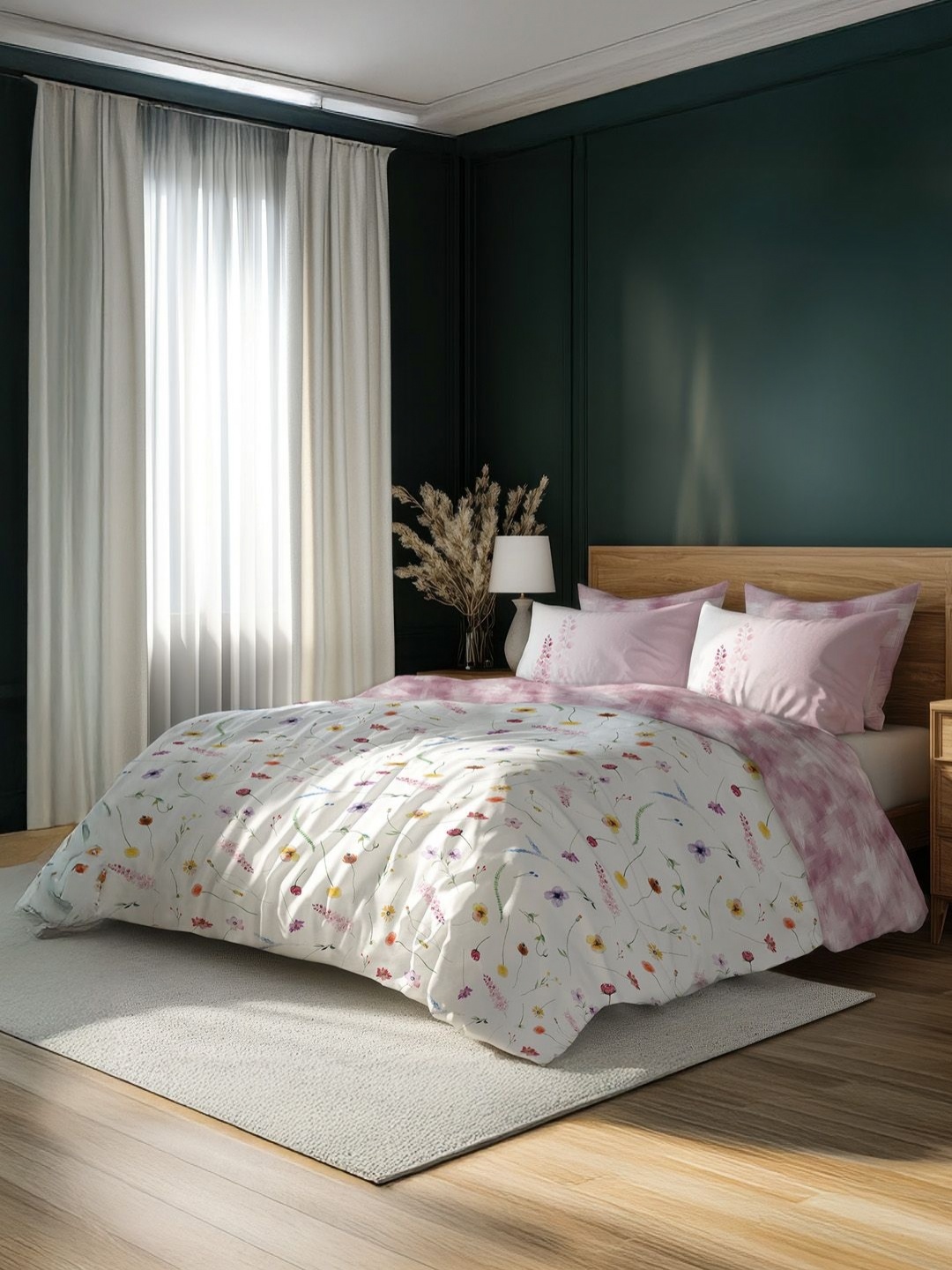 

LANE LINEN Pink & White Floral 400 TC King Bedsheet with 4 Pillow Covers