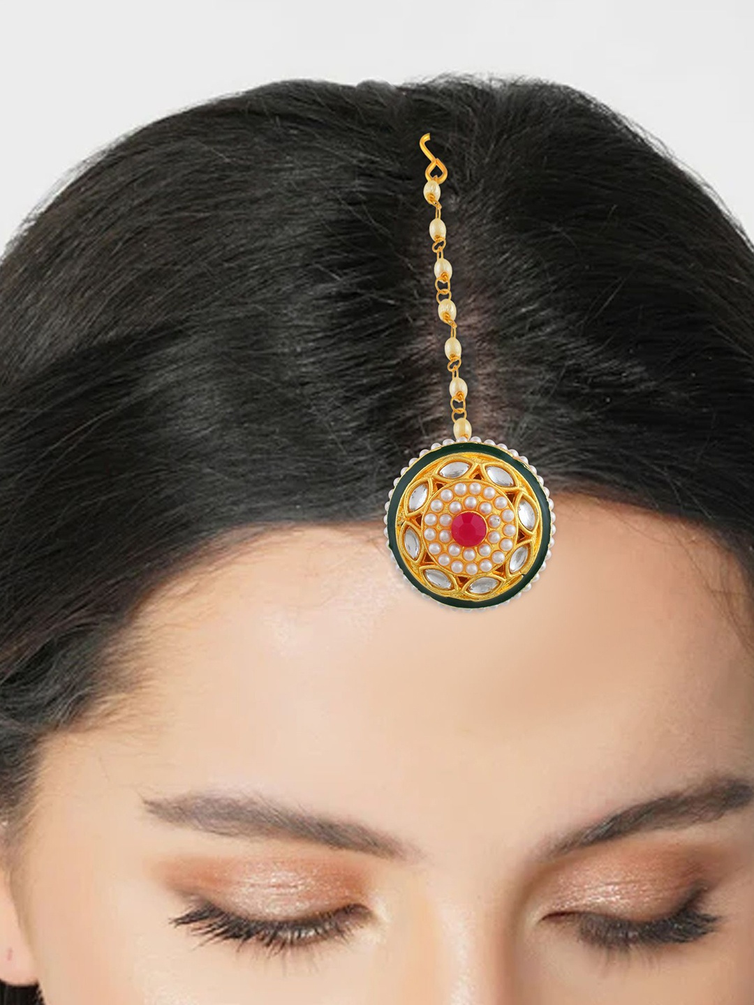 

MEMOIR Gold Plated Stone Studded & Beaded Bindi Borla Brass Maang Tikka