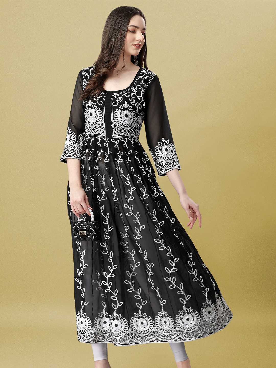 

Milastru Embroidered Georgette Formal Fit & Flare Maxi Dress, Black