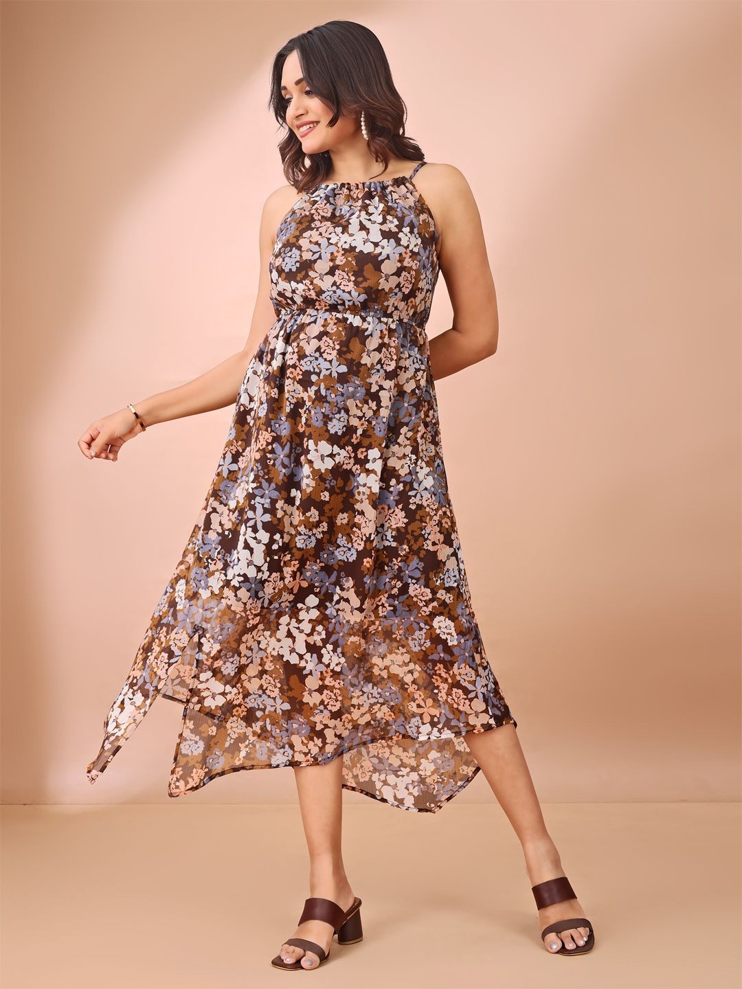 

all about you Floral Print Halter Neck Chiffon Fit & Flare Midi Dress, Brown