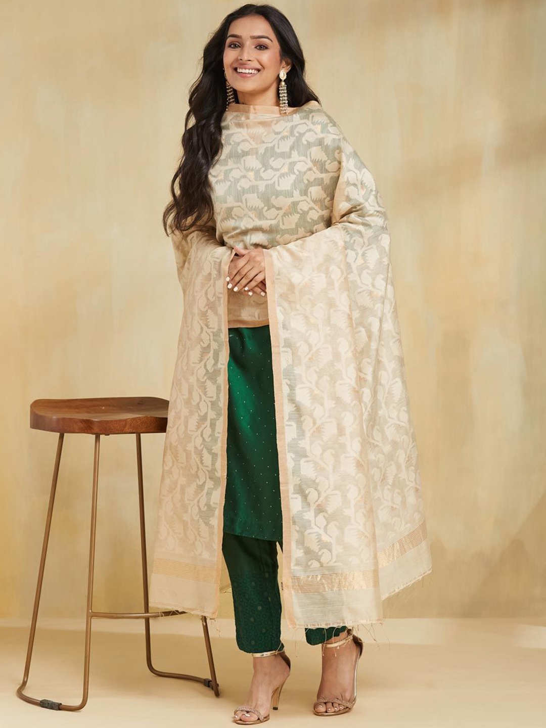 

Fabindia Ethnic Motifs Woven Design Cotton Silk Dupatta, Beige