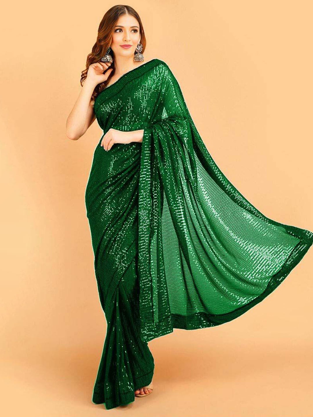 

ANJANI TEXTILE Embellished Sequinned Poly Georgette Heavy Work Saree, Green
