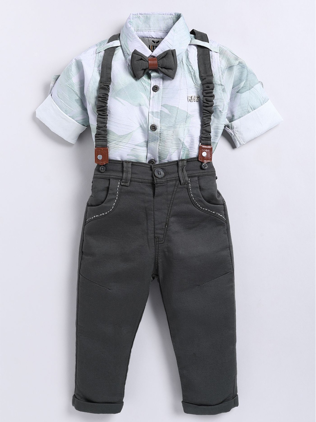 

LITTLE COLLARS Boys Printed Shirt with Trousers, Green