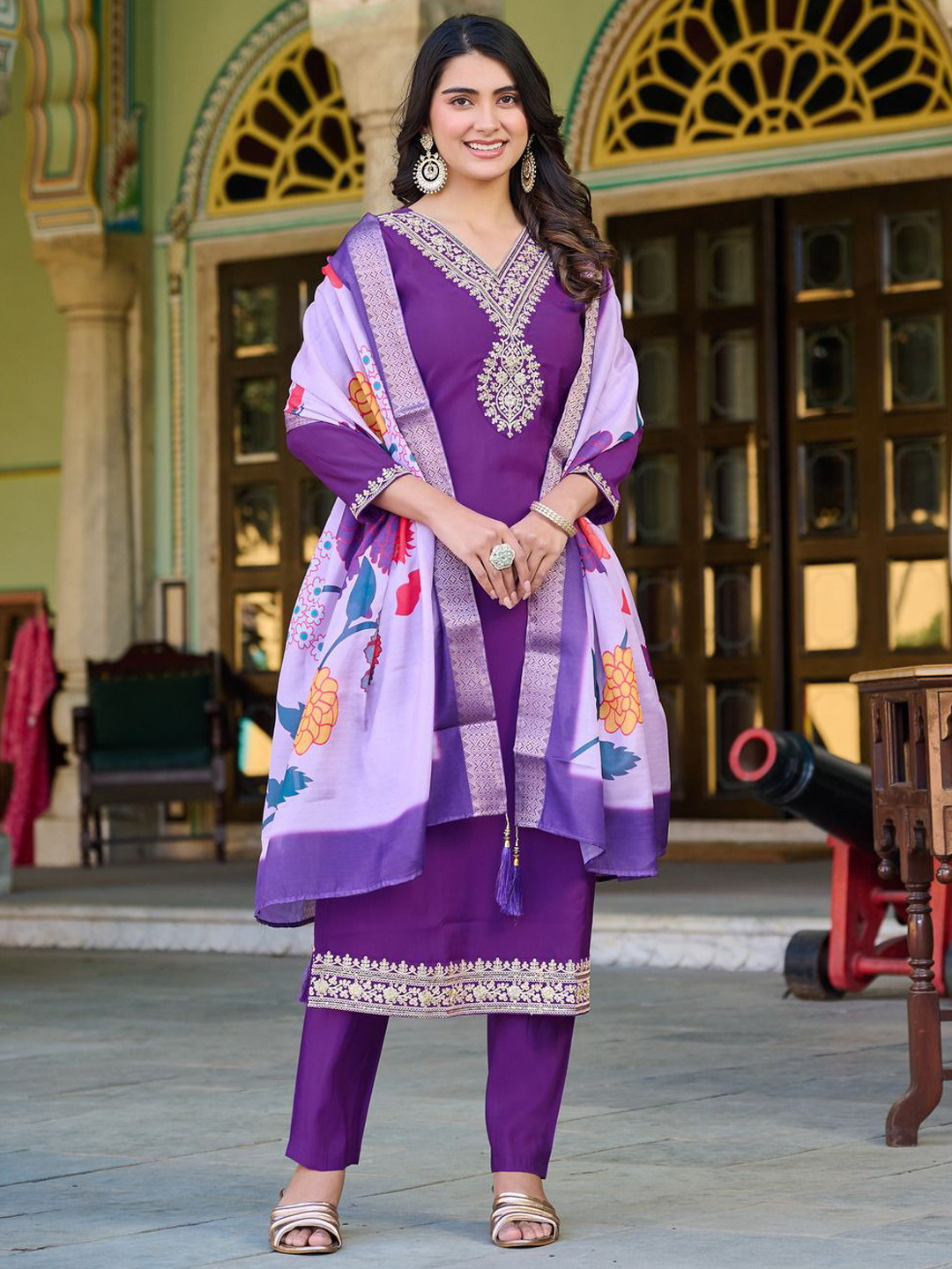 

KALINI Women Floral Yoke Design Regular Sequinned Kurta with Trousers & With Dupatta, Purple