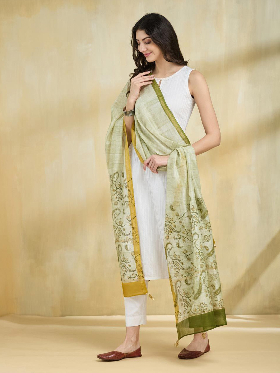 

Fabindia Ethnic Motifs Printed Cotton Silk Dupatta, Green