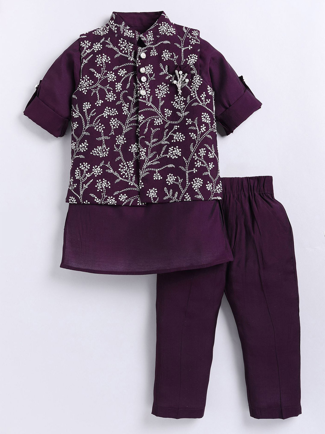 

LITTLE COLLARS Boys Kurta & Trousers With Floral All Over Embroidered Nehru Jacket, Purple