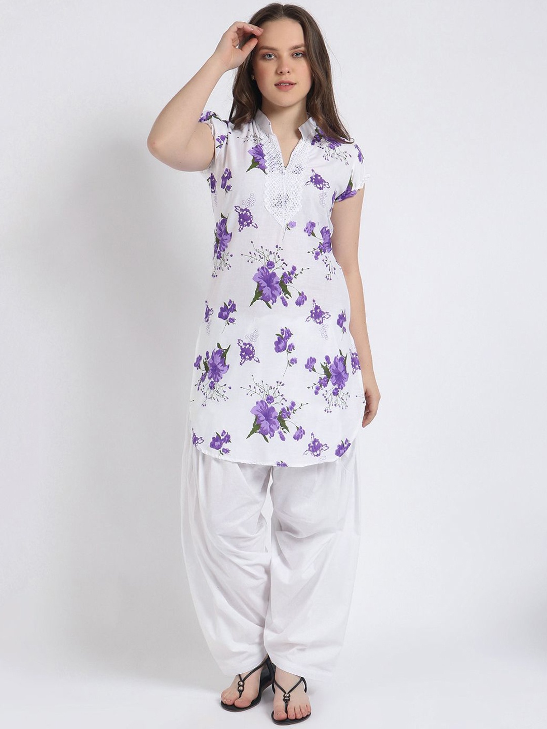 

Trendzmy Women Floral Printed Regular Thread Work Kurta with Salwar, Purple