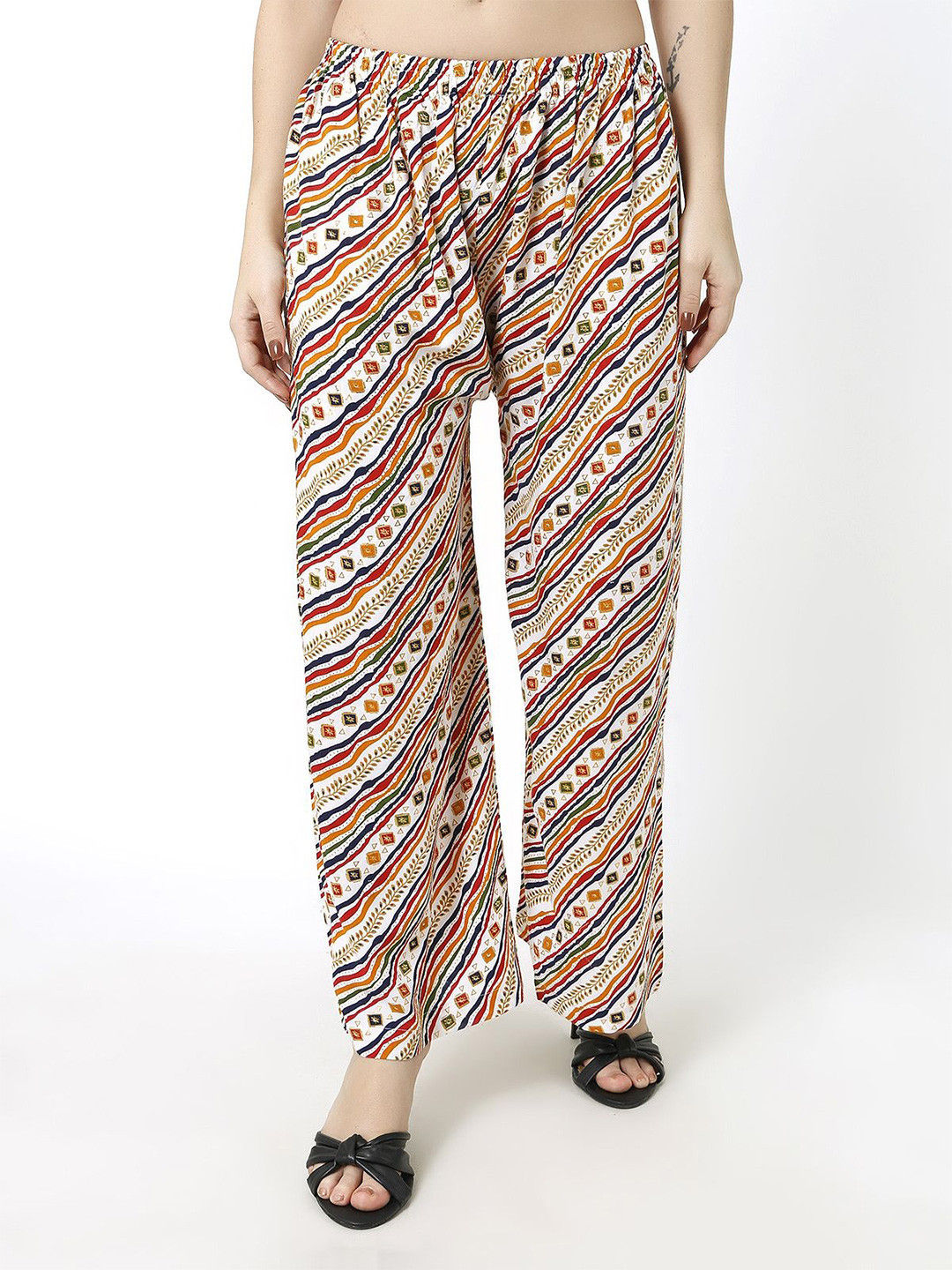 

Trendzmy Women Floral Printed Knitted Palazzos, White