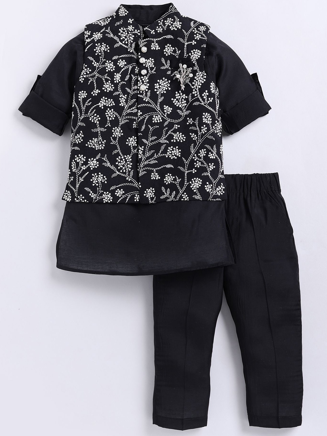 

LITTLE COLLARS Boys Kurta & Trousers With Floral All Over Embroidered Nehru Jacket, Black