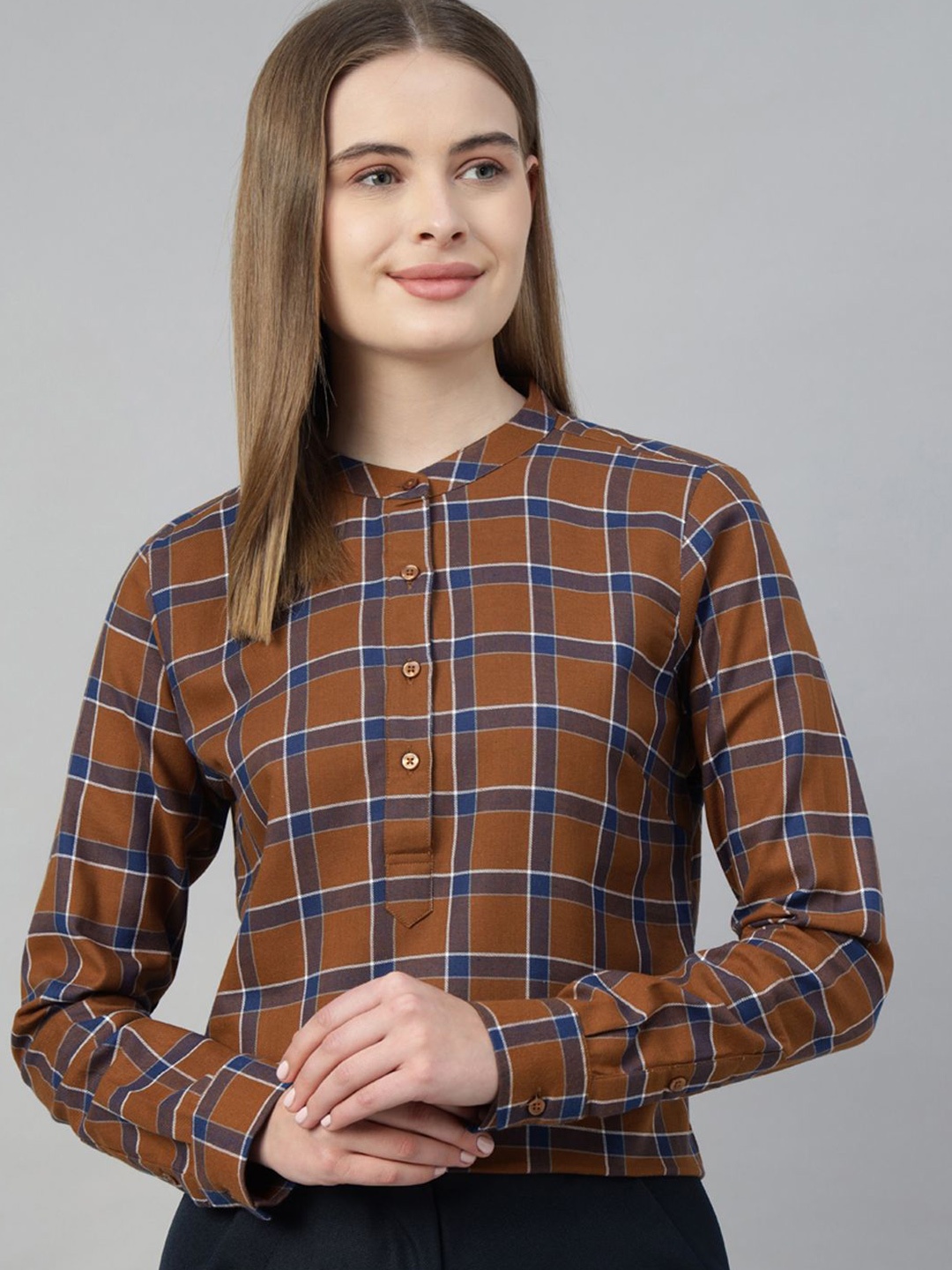 

Hancock Checked Mandarin Collar Cotton Shirt Style Top, Brown
