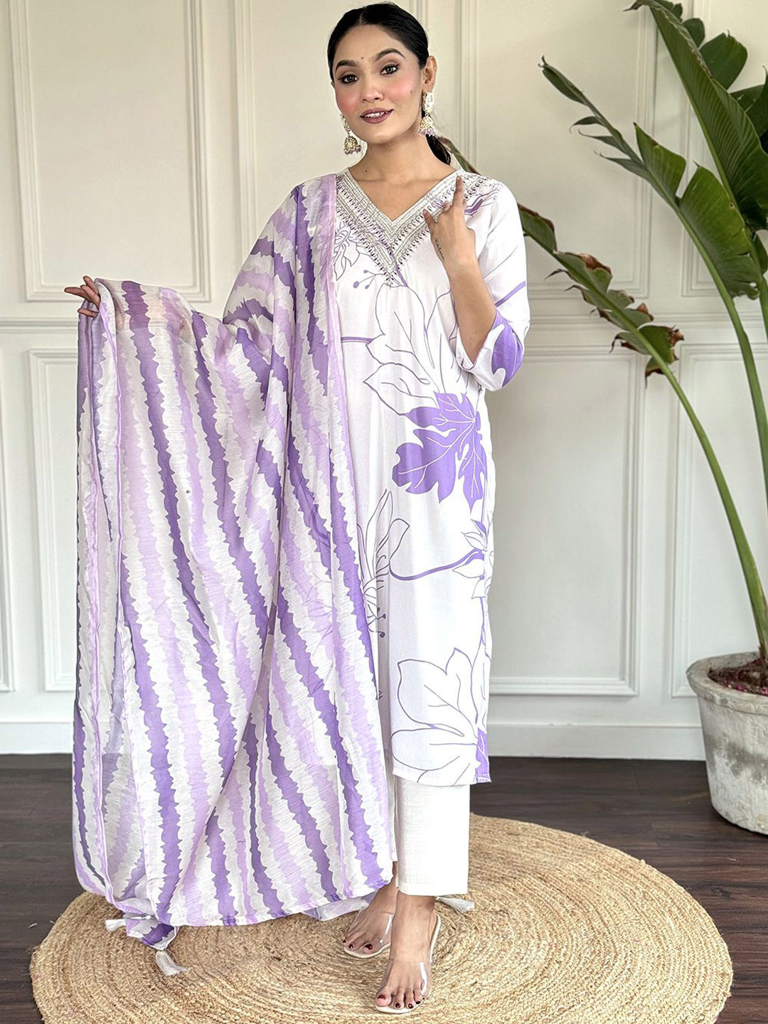 

KALINI Women Floral Printed Regular Thread Work Kurta with Trousers & With Dupatta, White