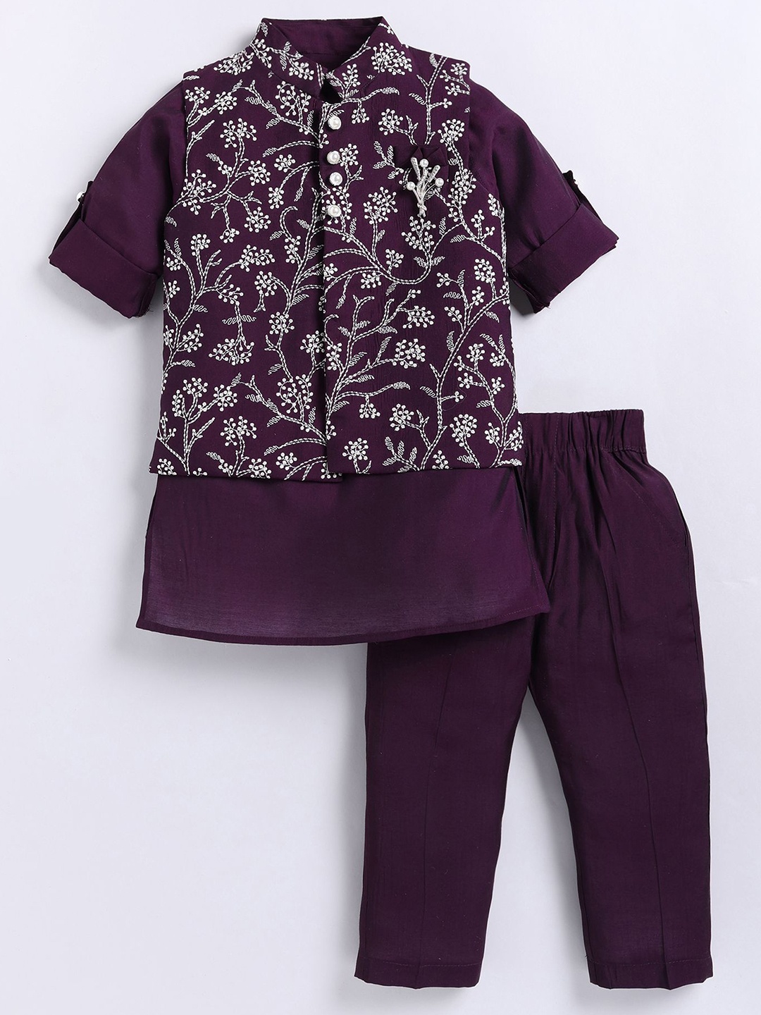 

LITTLE COLLARS Embroidered Kurta With Trousers & Nehru Jacket, Burgundy