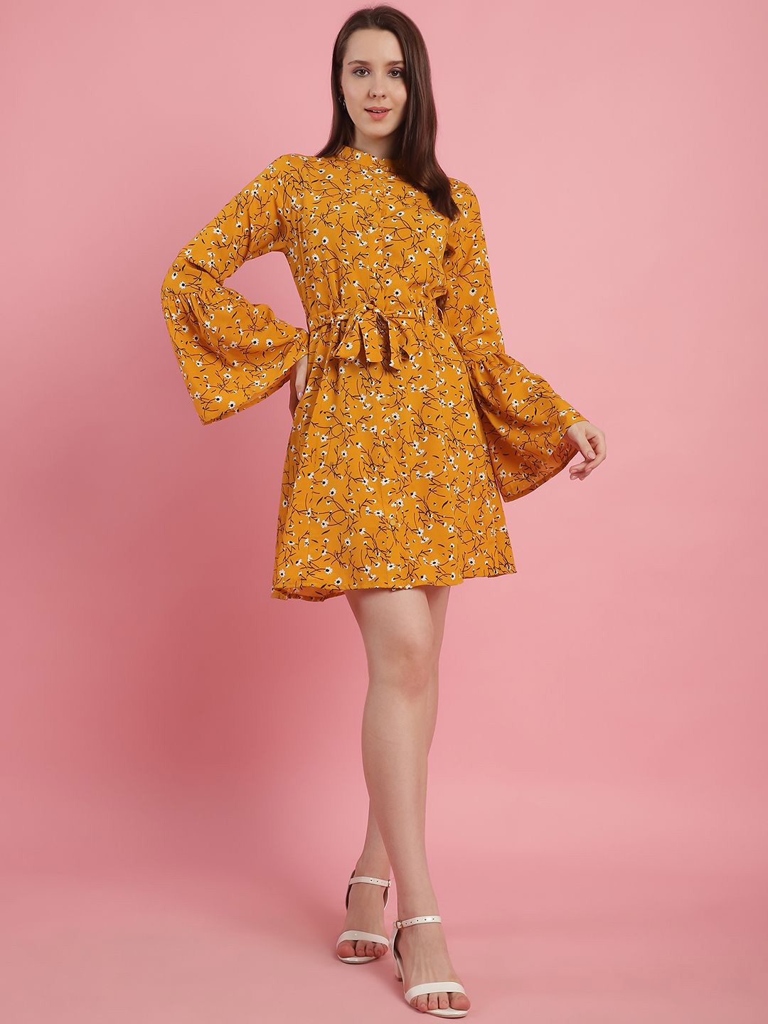 

JAKANARY Floral Print Bell Sleeve Georgette A-Line Midi Dress, Mustard