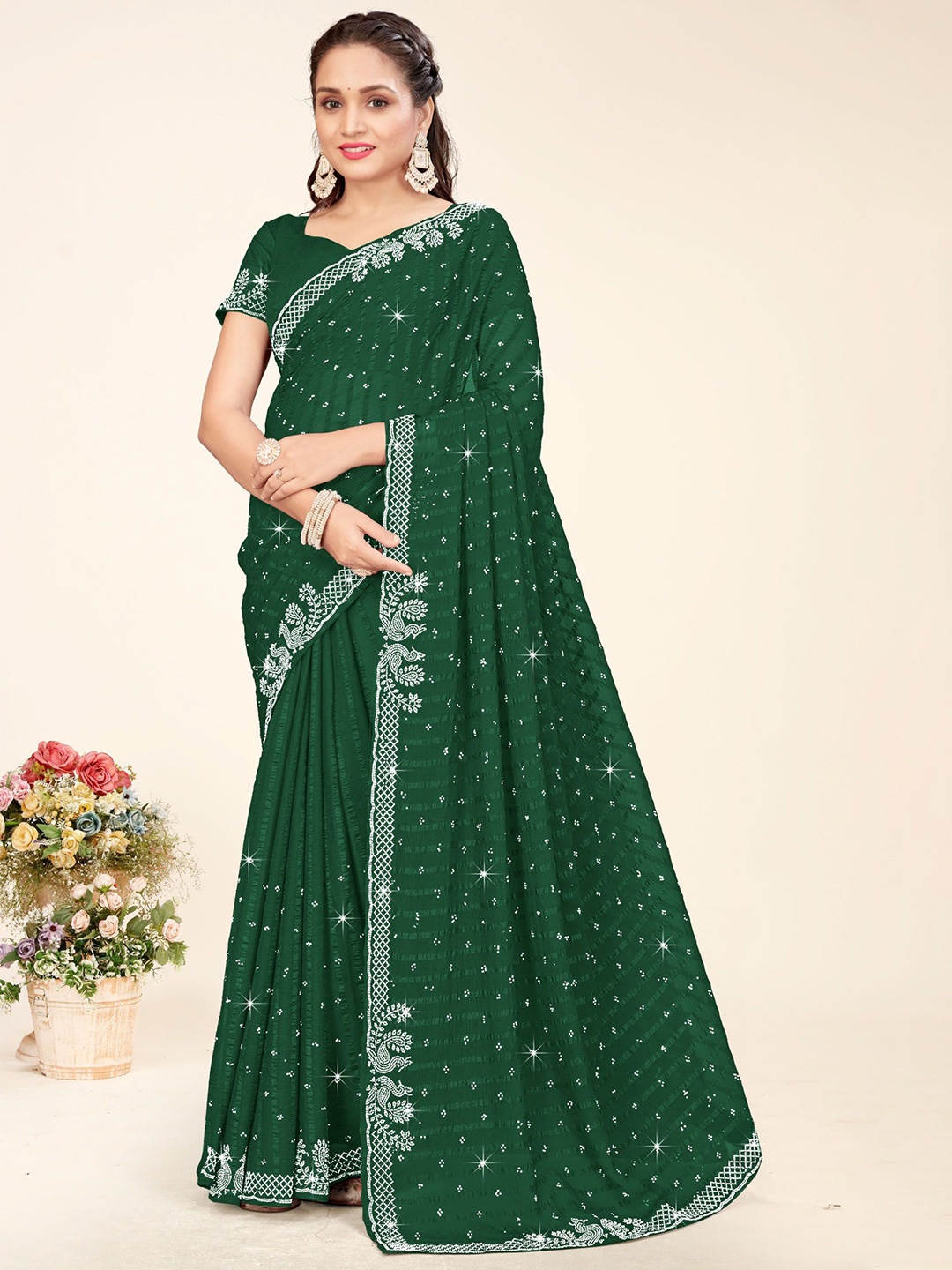 

KEERAT FASHION Embellished Beads and Stones Poly Georgette Chanderi Saree, Green