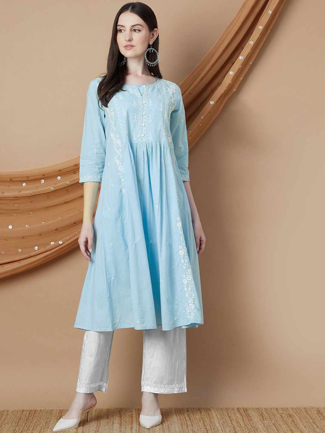 

Melange by Lifestyle Women Geometric Embroidered Keyhole Neck Chikankari Kurta, Blue