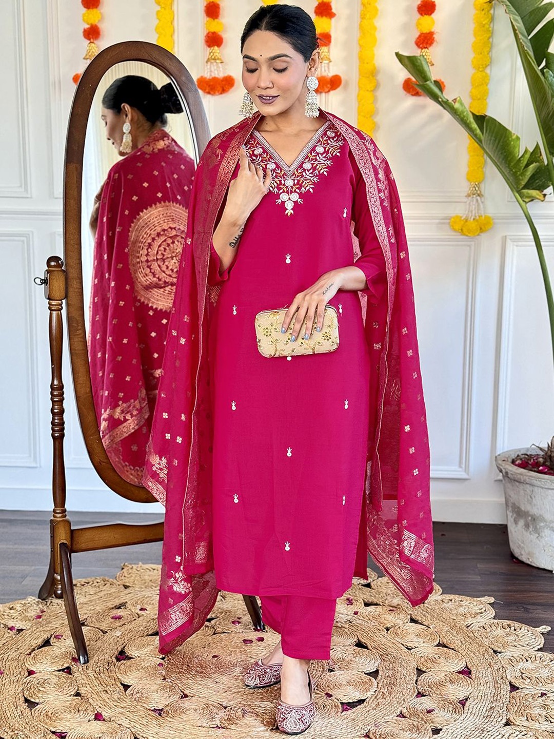 

KALINI Women Embroidered Chanderi Silk With Dupatta, Pink