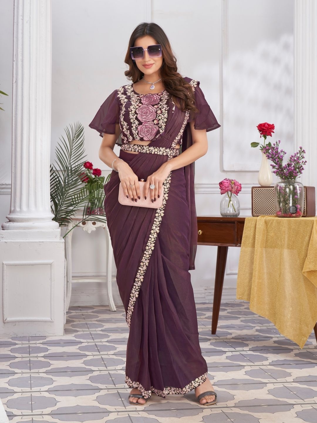 

Suha Floral Embroidered Poly Georgette Saree, Maroon