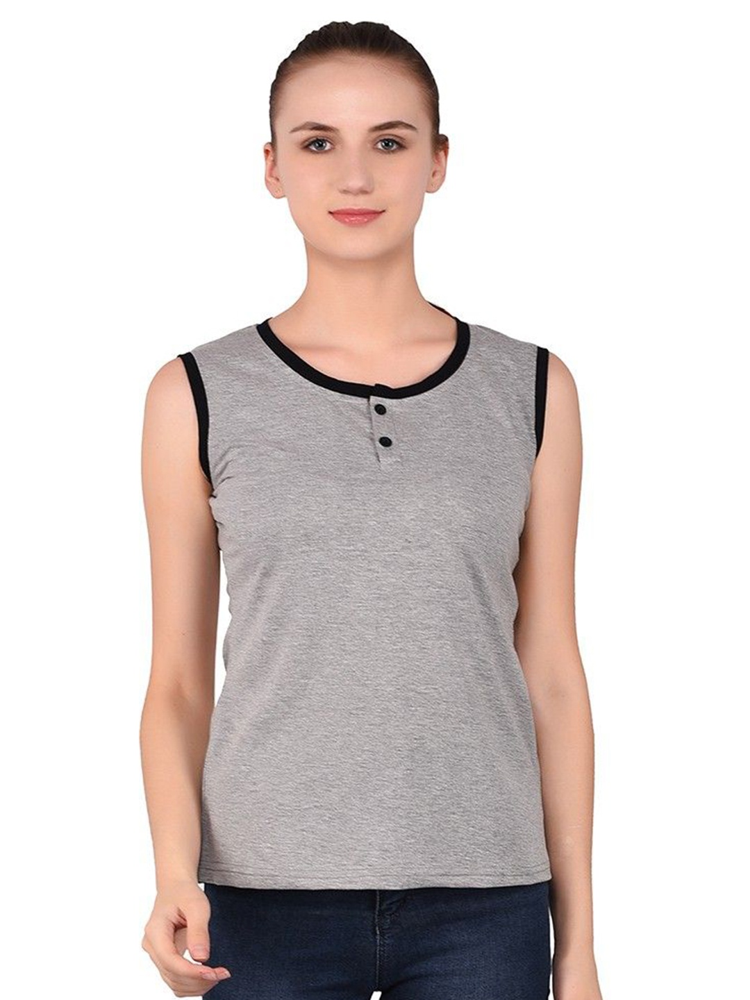 

BEYOU FASHION Women Henley Neck Applique Slim Fit T-shirt, Grey