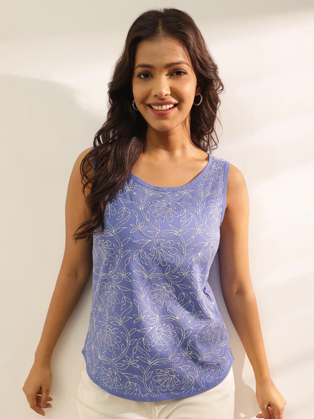 

Fabindia Embroidered Cotton Top, Blue