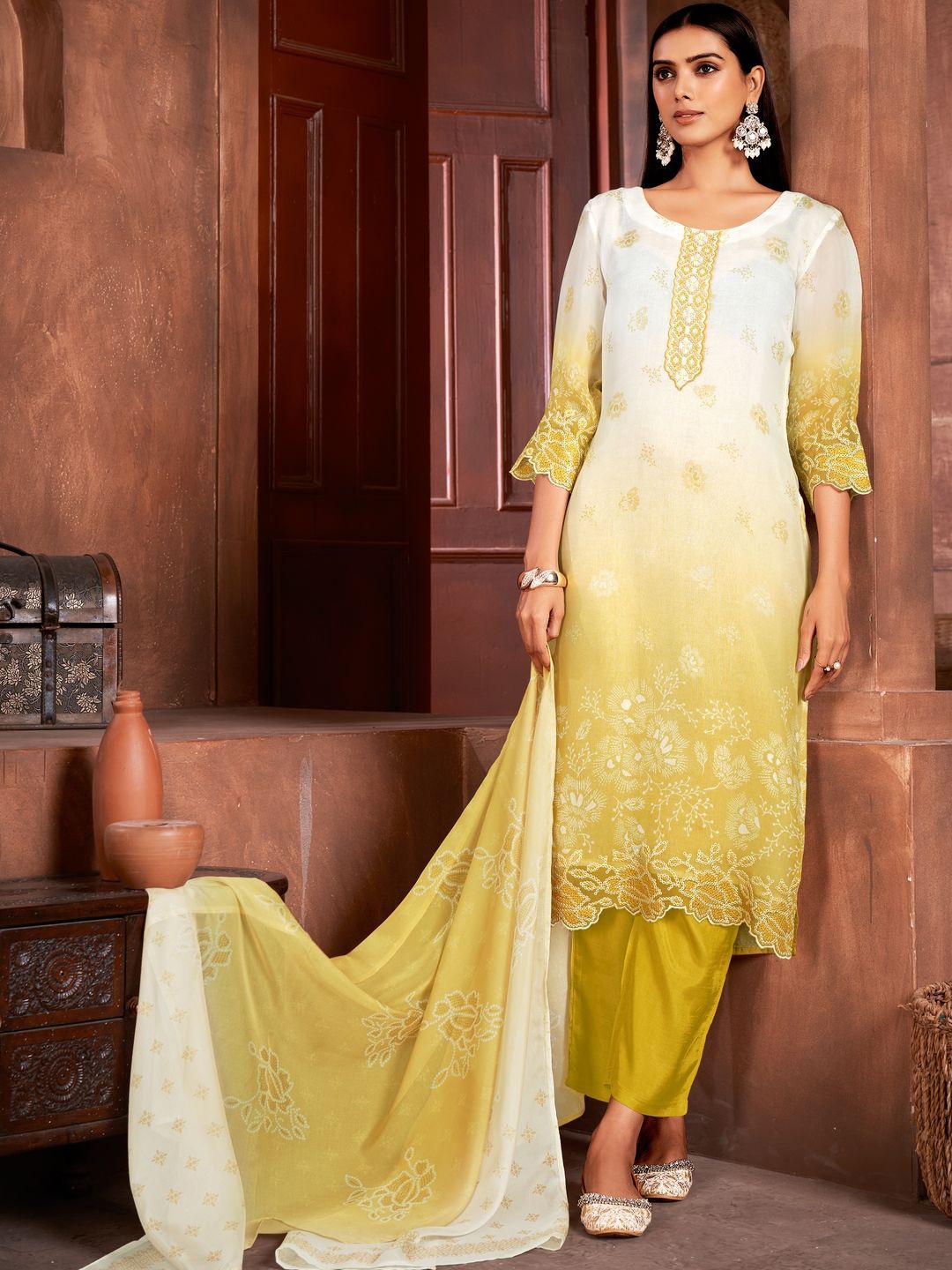 

Suha Women Floral Embroidered Regular Kurta with Trousers & With Dupatta, Yellow