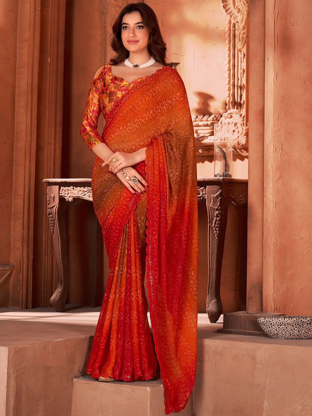 

LeeliPeeri Designer Sequinned Poly Chiffon Saree, Red