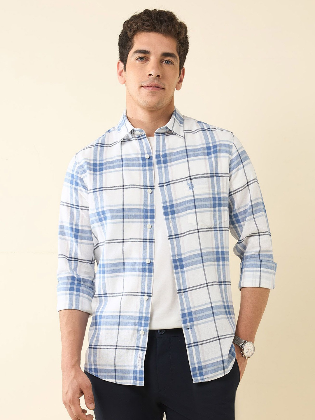 

U.S. Polo Assn. Men Tailored Fit Opaque Checked Casual Shirt, White