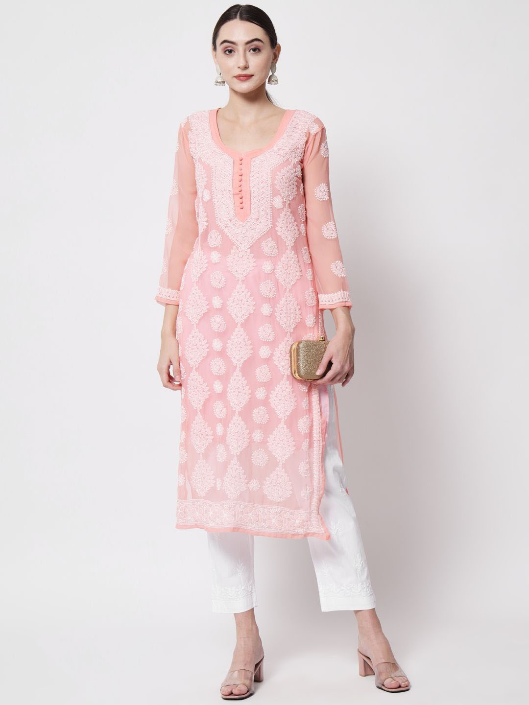 

PARAMOUNT CHIKAN Women Ethnic Motifs Embroidered Chikankari Floral Georgette Kurta, Peach