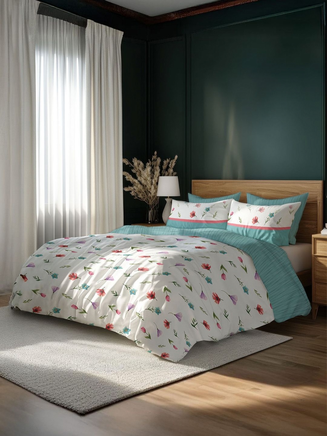 

LANE LINEN White & Purple Floral 400 TC King Bedsheet with 4 Pillow Covers
