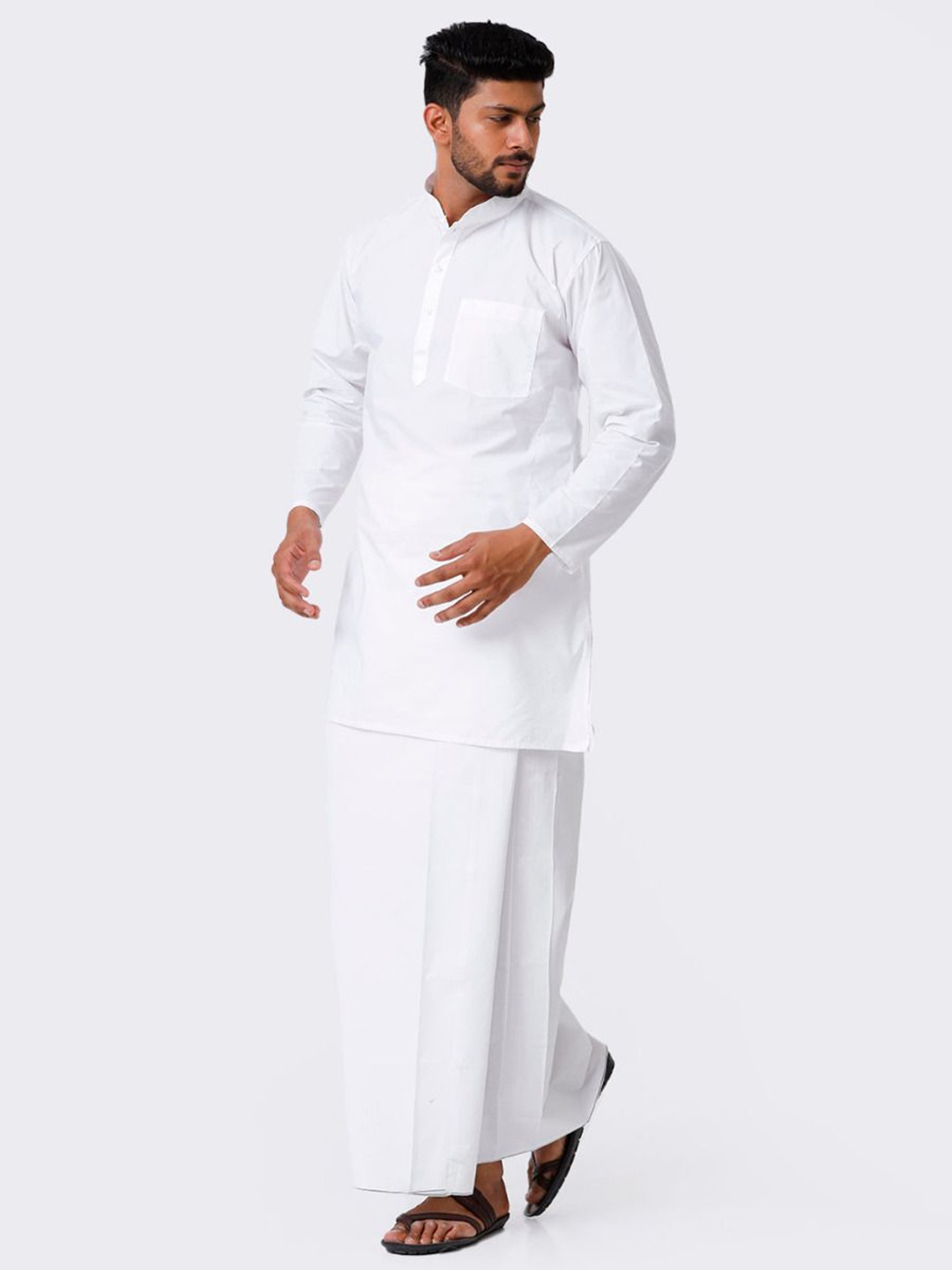 

RAMRAJ Men White Full Sleeves Cotton Straight Kurta with Stitched Prayer Dhoti Combo