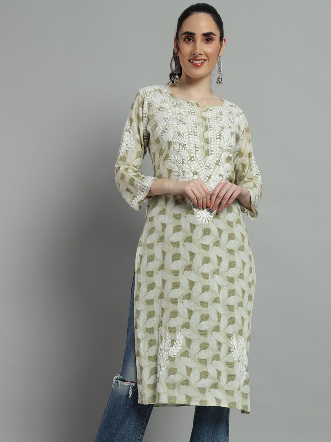 

Fashionable Chikan Handikraft Printed Pure Cotton Straight Kurtas, Olive