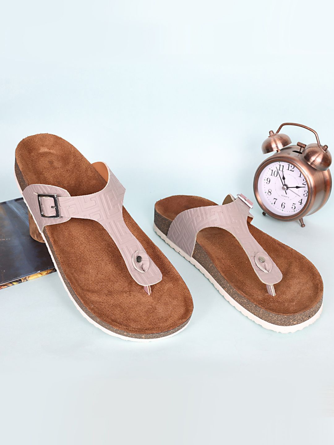 

MOZAFIA Women T-Strap Flats with Buckles, Champagne