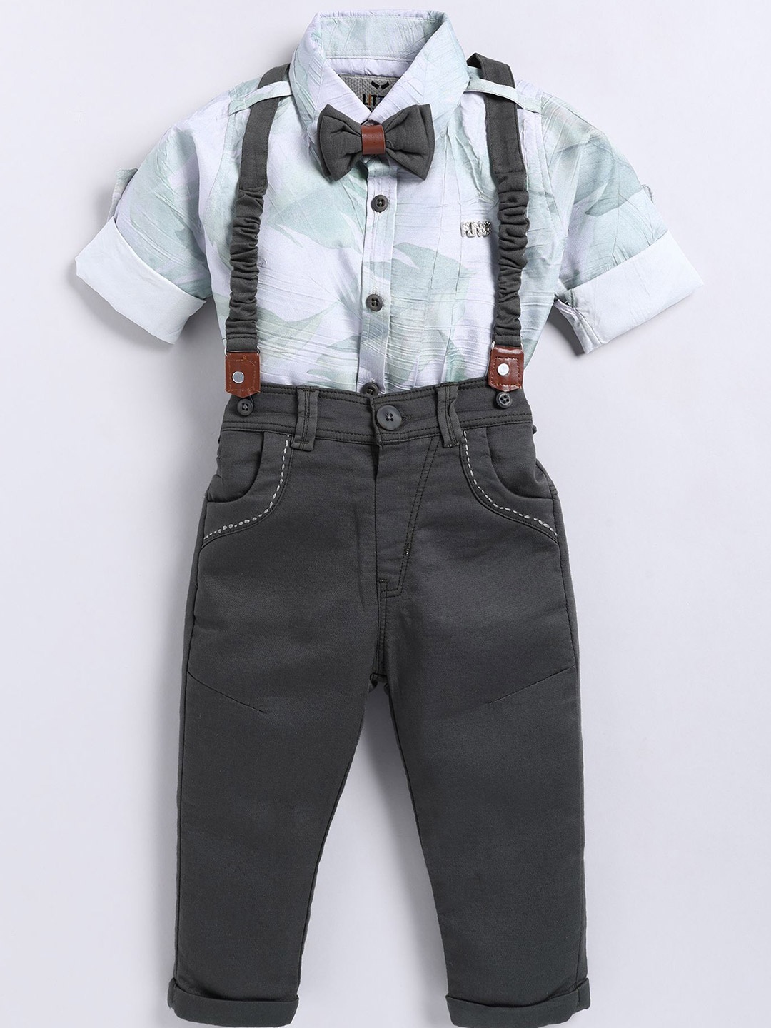 

LITTLE COLLARS Boys Printed Shirt with Trousers, Green
