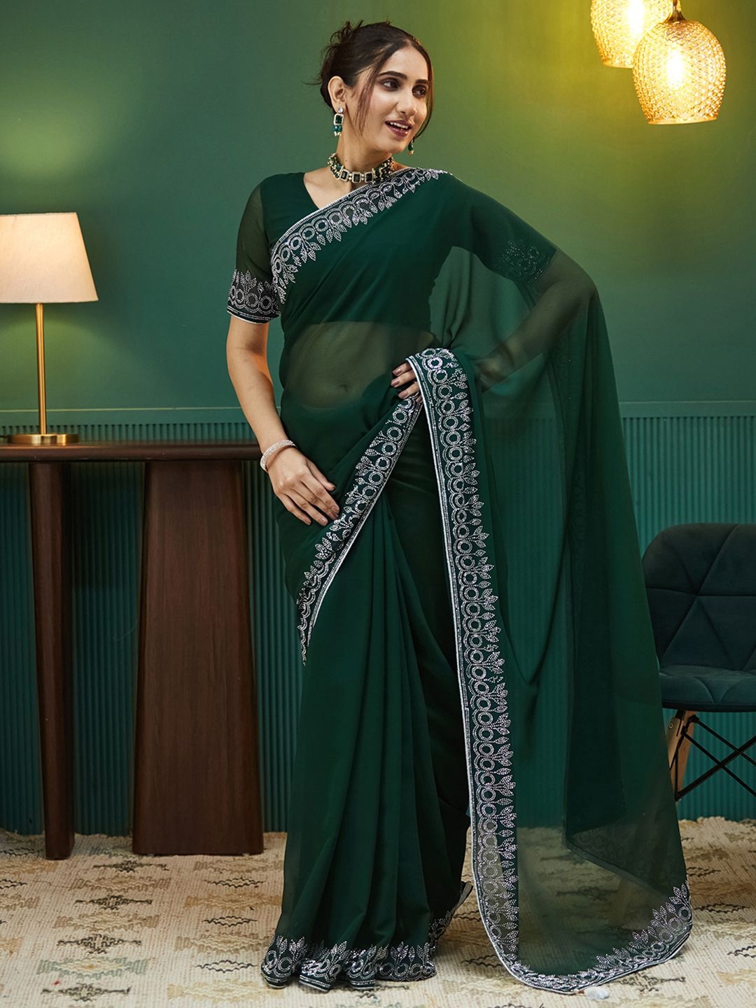 

KALINI Beads and Stones Pure Georgette Saree, Green