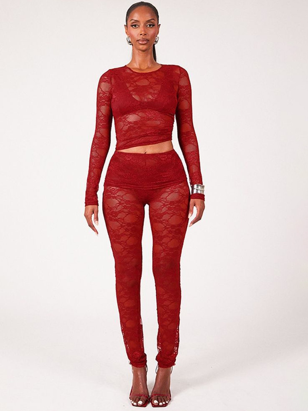 

LULU & SKY Self design Lace Top With Leggings Co-Ords, Red