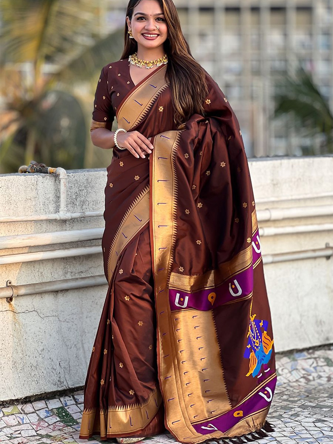 

all about you Woven Design Zari Silk Blend Paithani Saree, Coffee brown