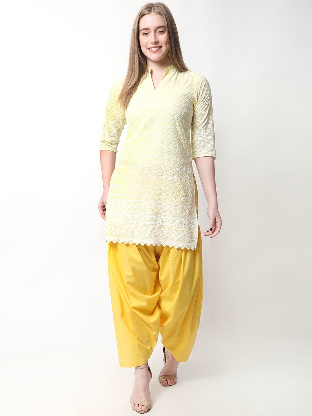 

Trendzmy Women Ethnic Motifs Embroidered Regular Chikankari Kurta with Salwar, Yellow