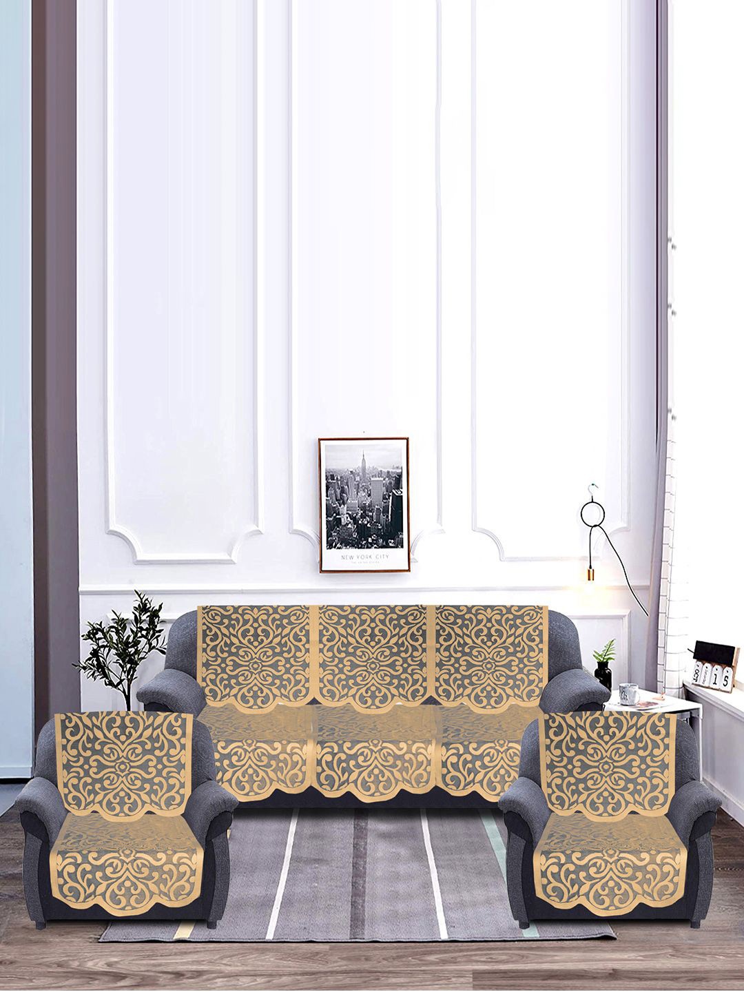 

Kuber Industries Gold-Toned & Grey Printed Cotton 5 Piece Sofa Cover With Arms