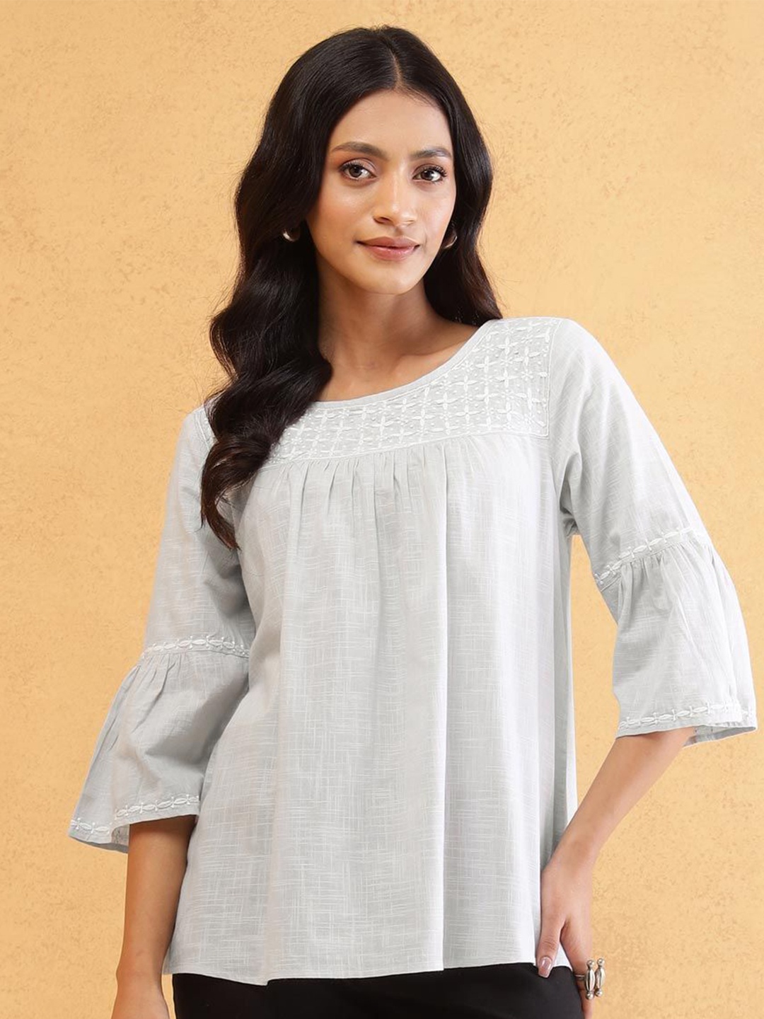 

Fabindia Embroidered Bell Sleeve Cotton Top, Grey